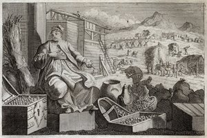 Royaumont-Bibel, Neues Testament: Das Gleichnis vom reichen Mann. Jesus Christus spricht gegen die Eitelkeit eines reichen Mannes, der sich über seinen großen Besitz freute und in der nächsten Nacht starb. Illustration von 1811. von Unknown artist