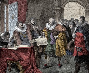 Rudolf II. gewährt den Majestätsbrief - Kaiser Rudolf II. von Österreich (1552-1612) gewährt 1609 den Majestätsbrief (Religionsfreiheit für das Königreich Böhmen)