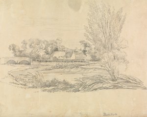 Ländliche Landschaft mit Brücke und Hütten von Unknown artist