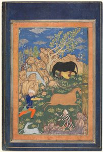 Rustam fängt sein Pferd Rakhsh mit dem Lasso in einer Landschaft (recto)
