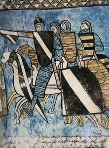 SPANIEN. KASTILIEN UND LEÓN. Valladolid. Kloster San Bernardo de Valbuena. Kastilische Armee, Gruppe christlicher Soldaten auf Pferden. 14. Jh. Fresko über die „Reconquista“. Gotische Kunst von Unknown artist