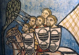 Spanien. Kastilien und León. Valladolid. Kloster San Bernardo de Valbuena. Gruppe christlicher Soldaten auf Pferden. Kastilische Schule. 14. Jahrhundert. Fresko La Reconquista. Gotische Kunst