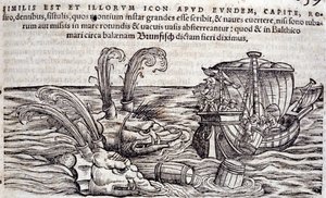Matrosen werfen Fässer ins Meer, um Monster abzulenken. Gravur in „Historia Animalium“ von Conrad Gesner (1516-1565), Tiguri
