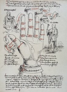 Die heilige Brigitte, mit ihren Gaben als Visionärin, wird angerufen, um das Todesdatum einer Person zu erfahren, indem sie die Linien der Hand liest. Die heilige Maria Magdalena und Martha erscheinen auf jeder Seite der Hand. von Unknown artist