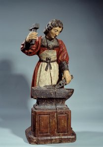 Heiliger Crepin, Schutzpatron der Schuhmacher. Anonyme Skulptur aus polychromem Holz