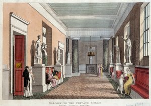 Salon, der zu den privaten Logen des Theaters von Covent Garden führt. Gravur von 1809