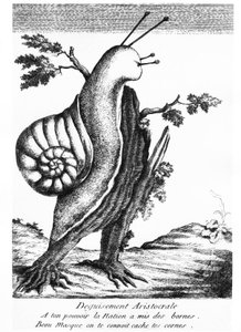 Satirische Zeichnung: aristokratische Verkleidung (eine Schnecke auf einem Baumstumpf): „Zu deiner Macht setzte die Nation die Grenzen, schöne Maske, wir kennen dich, verstecke deine Hörner“ - 1790, Musée Carnavalet.