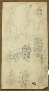 Szene in einer Gefängniszelle mit Skizzen anderer Figuren von Unknown artist