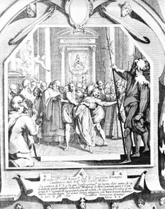 Szene eines Exorzismus einer besessenen Frau mit der Madonna von Monsummano im Jahr 1630. von Unknown artist