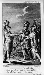 Szene des ersten Akts von „Alessandro nelle Indie“, Oper des Komponisten Niccolò Vito Piccinni (1728-1800) (1758) nach einem Libretto von Pietro Metastasio. Kupferstich aus dem späten 18. Jahrhundert