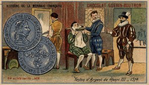 Serie Histoire de la Monnaie Française, veröffentlicht von Chocolat Guérin Boutron, Chromolithographie 19. Jahrhundert, Silberteston von Heinrich III., 1574