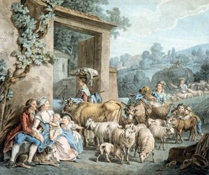 Hirten und Schafherde vor einem Bauernhof von Unknown artist