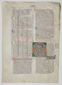 Einzelblatt aus einem Dekret von Gratian: Verzierte Initiale Q[uidam habens filium obtulit] und vierfache Arkade mit Übereinstimmung der griechischen und lateinischen Alphabete von Unknown artist