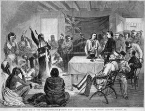 Sitting Bull und Buffalo Bill: Sitting Bull Rat am Fort Walsh, britisches Territorium, während des Krieges mit den Indianern, Oktober 1877