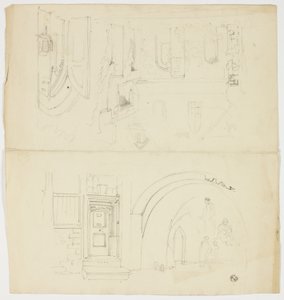 Skizzen von Türöffnung, Figuren, Gebäude mit Seiteneingang zur Kirche (recto); Skizze eines Turms (verso) von Unknown artist