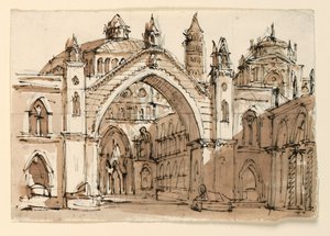Bühnenbild, Außenansicht einer gotischen Kirche von Unknown artist