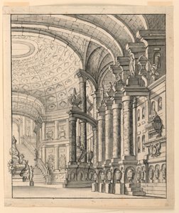 Bühnenbild: Halle mit Kassettendecke und Urnen von Unknown artist