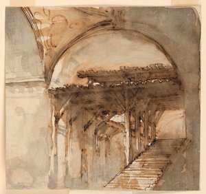 Bühnenbild, Treppe in einem halb verfallenen Gebäude von Unknown artist