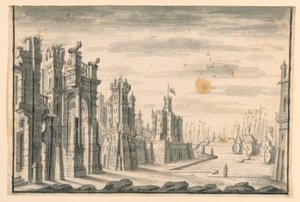 Bühnenbild, Blick auf Stadt und Hafen von Unknown artist