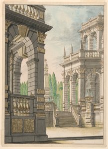 Bühnenbild: Villa mit Obelisk und Albani-Wappen von Unknown artist
