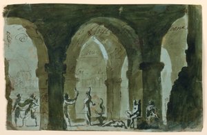 Bühnenbild, Menschen stürmen in die Krypta von Unknown artist