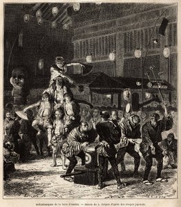 Straßensaltimbanques: Jongleure, Balancierer und Akrobaten, bei Nachtvorstellungen, auf der jährlichen Asaksa-Messe, Tokio-Tempel. Gravur zur Illustration der Reise nach Japan, von Aime Humbert, Minister der Schweizerischen Eidgenossenschaft, 1863-1864, ve von Unknown artist