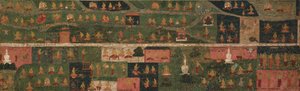 Tempelbanner mit Wallfahrtsorten und Szenen aus dem Svayambhu-purana (Alter Text des Ur-Buddha)