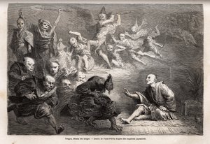 Tengu oder Dämon der Träume, kleiner Gott der japanischen Folklore, zoomorph, er nimmt die Form eines Raben an, ausgestattet mit magischen Kräften, es ist ein beliebtes Thema der Kunst, des Theaters und der Literatur in Japan. Gravur zur Illustration der R