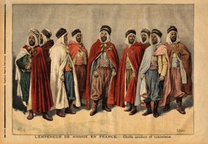 Die arabischen und tunesischen Häuptlinge, beauftragt mit der Ehrenwache von Zar Nikolaus II., der Frankreich besucht. (Si Hamza, Anführer der Uleds Sidi Sheiks; Si Mohammed ben Gana, Agha der Zibans; Si Ferhat Mouly, Kaid der Beni Maaida; Si Lakdan, Agha  von Unknown artist