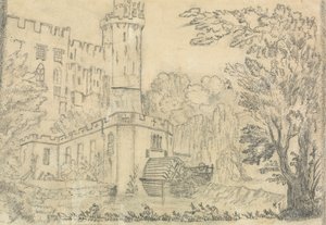 Die Rückseite eines großen Schlosses mit Wasserrad im Vordergrund von Unknown artist