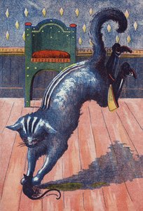 Die Katze stürzt sich auf den in eine Maus verwandelten Oger. Illustration für „Der gestiefelte Kater“, Märchen von Charles Perrault (1628-1703), französischer Schriftsteller. Anonyme Illustration. Bild von Marcel Vagne, Jarville Nancy, undatiert (spätes 1 von Unknown artist