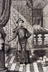 Der chinesische Kaiser und oberste Herrscher der Tartaren - Chinesischer Kaiser Kangxi (1652-1722) Qing-Dynastie, Gravur von Athanasius Kircher (1601-1680) aus „China Monumentis, qua sacris qua profanis“ 1667 - Chinesischer Kaiser Kangxi (1652-1722) Qing-D