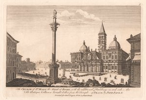 Die Kirche St. Maria Maggiore in Rom, mit den zusätzlichen Gebäuden auf jeder Seite; Auch die antike Säule, die von Papst Paul V. vom Tempel des Friedens hierher gebracht wurde von Unknown artist