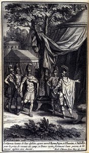 Die Griechen, erstaunt über ihre Niederlage, schicken Odysseus, Ajax und Phönix zu Achilles, um ihn zu bitten, ins Lager zurückzukehren. Dieser Prinz lehnt ihre Bitten stolz ab und schickt sie dann hart zurück. Illustration für Buch IX der Ilias von Homer, von Unknown artist
