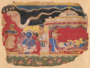 Das Kind Krishna von Vasudev entführt, aus einer Kopie des verstreuten Bhagavat Purana