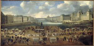 Die Pont-Neuf, gesehen vom Eingang der Place Dauphine, der Quai Malaquais mit dem Collège des Quatre-Nations, der Grande Galerie und dem Louvre, um 1669. Eine Prozession zieht über die Brücke. Heutige 1. und 6. Arrondissements, zwischen 1665 und 1669