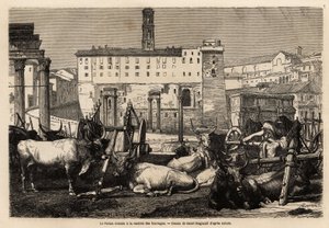 Das römische Forum hat die Miete von Futter, die Ochsen liegen inmitten von Karren und antiken Ruinen. Gravur zur Illustration der Reise nach Rom, von Francis Wey, veröffentlicht in „Le tour du monde“ 1869, herausgegeben von Edouard Charton, Edition Hachet von Unknown artist