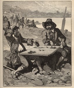 Die Kunst des Edelsteinschleifens: Erfinder der Diamantminen Brasiliens zu Beginn des 18. Jahrhunderts. Goldsucher spielen mit Kristallen als Chips, ohne zu wissen, dass es echte Diamanten sind. Gravur von 1885 in „Les arts et métiers illustrés“ von Adolph von Unknown artist