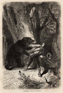 Der Autor, während eines Ausflugs um Jacksonville, wird im Wald von einem zahmen Bären und einer Kette überrascht. Gravur zur Illustration der Geschichte Vier Monate in Florida, von Achille Pousselgue, veröffentlicht in „Le tour du monde“ 1870-1871, heraus