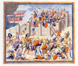 Die Schlacht auf beiden Seiten der von den Griechen errichteten Mauern. Die Ilias, Gesang XII, Gravur aus dem späten 18. Jahrhundert
