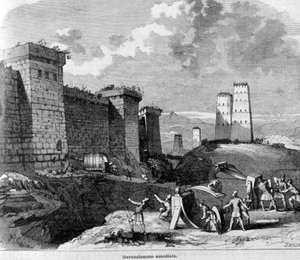 Die Eroberung Jerusalems durch Titus und seine Armee um 80 n. Chr. Stich aus dem 19. Jahrhundert.