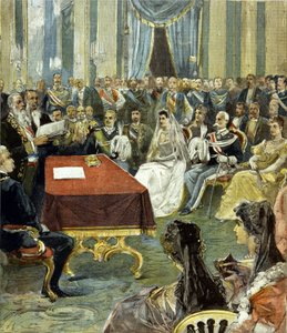 Die standesamtliche Trauung des Prinzen von Neapel - später Viktor Emanuel III. - mit Prinzessin Helene von Montenegro im Quirinalspalast 1896. In der Mitte ist Humbert I. links von der Braut zu sehen von Unknown artist