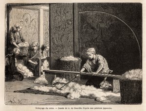Die Reinigung von Baumwolle, in einer Werkstatt im nördlichen Bezirk von Yedo (oder Edo, dem heutigen Tokio), da Japan noch keine Fabrik hat, wird diese manuelle Arbeit den Frauen übertragen, die ihre Aufgabe gemeinsam in einem häuslichen Umfeld ausführen.
