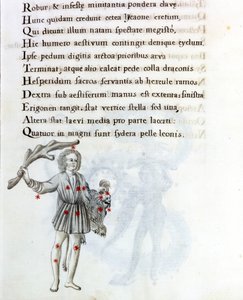 Die dargestellte Konstellation ist die des Bouvier (oder Boots), die das Haar von Berenices mit der linken Hand hält. Seite eines Manuskripts des 18. Jahrhunderts basierend auf dem Originalmanuskript „Astronomica“ von Biasino da Parma (Blaise von Parma) (1