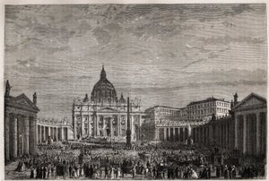 Die Menge strömte auf den Petersplatz im Vatikan, um den großen Ostersegen von Papst Pius IX. (1792-1878) zu empfangen. Gravur zur Illustration der Geschichte der Karwoche in Rom, 1863, von Ludovic Celler, in „Le tour du monde, nouveau journal des voyages“ von Unknown artist