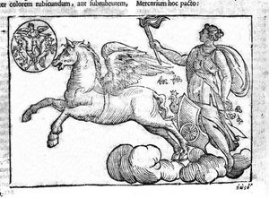 Die Morgenröte (der Sonnenwagen). Allegorie des Sonnenaufgangs mit Figuren der griechischen und römischen Mythologie am Himmel. Gravur aus „Mythologiae sive explicationes fabularum“ von Natalis Comitis. 1637