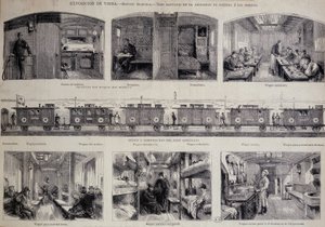 Die verschiedenen Abteile eines Sanitätszugs (Gravur)