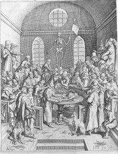 Die Sektion. Gruppe von Ärzten und Wissenschaftlern versammelt, um eine Sektion in einem Amphitheater zu verfolgen. Gravur von 1788