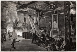 Der Schlagzeuger Hammer (Schlagzeuger) hat die Schmiede großer Werke; das riesige Stück zum Schmieden kommt aus dem Ofen, blendende Männer manövrieren, um es unter den Trommelstock zu bringen. Gravur zur Illustration einer Reise nach Creusot und den Minen  von Unknown artist