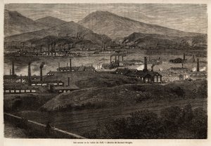 Die Fabriken des Taff-Tals. Zeichnung von Durand Brager, zur Illustration eines Besuchs der großen Fabriken in Wales im Jahr 1862, von L. Simonin. Gravur in „Le tour du monde“, herausgegeben von Edouard Charton